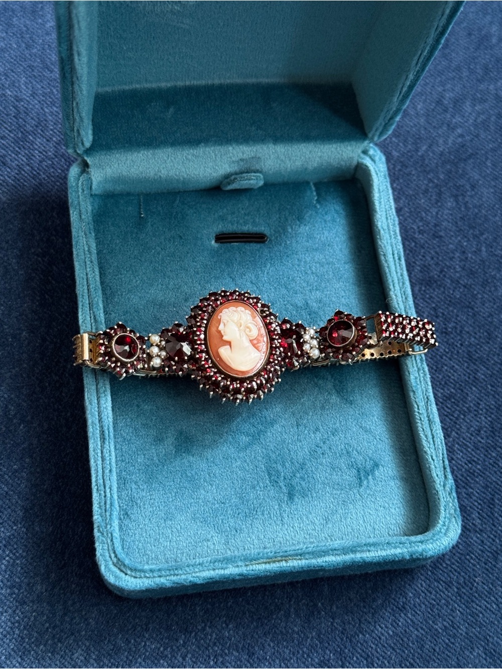 Rare Antique Victorian Bohemian Garnet & Shell Cameo 900 SterlingSilver Bracelet